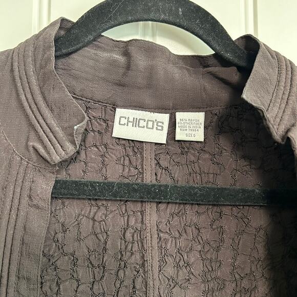 Vintage Chicos Crinkle Mandarin Collar Jacket S Brown Open Front Y2K Textured - Picture 5 of 9